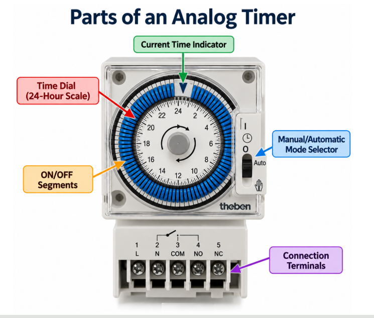 Fig 3. Main parts of an analog timer, including the time dial, current time indicator, ON/OFF segments, mode selector, and connection terminals.