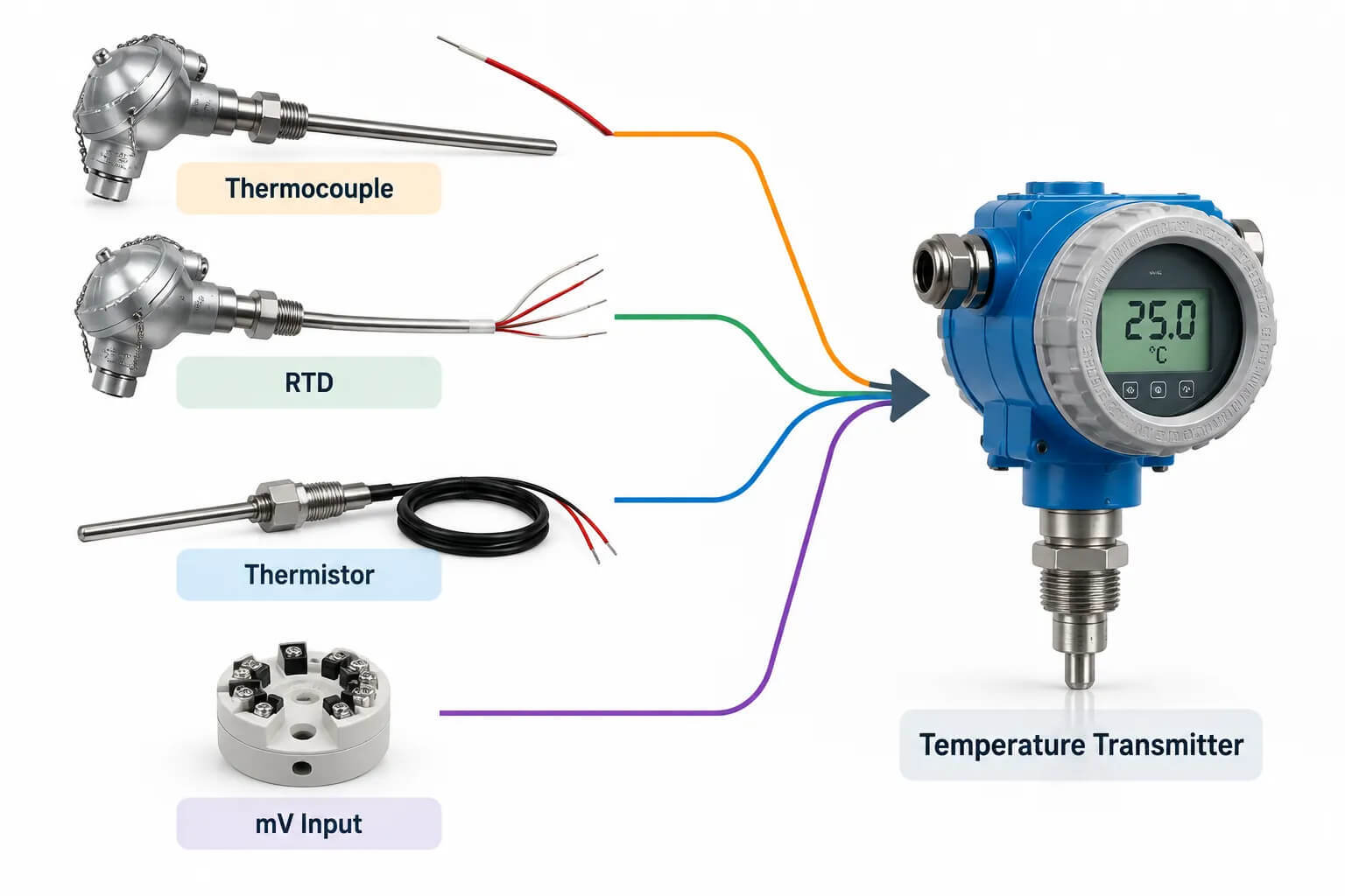 Fig 4. Temperature transmitter inputs: RTD, thermocouple, thermistor, and mV signals connected to a temperature transmitter.&nbsp;